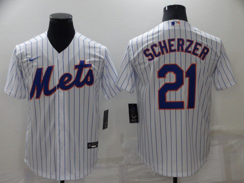 Men New York Mets 21 Scherzer White Strip Game 2022 Nike MLB Jersey